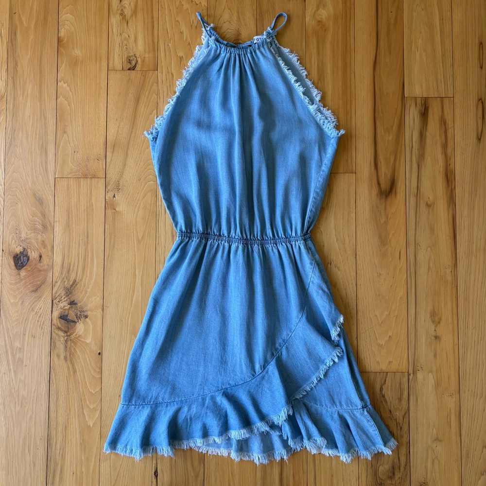 FATE | Blue Denim-Style Halter Boho Chic Fringe Breezy Ruffle Mini Dress Size S